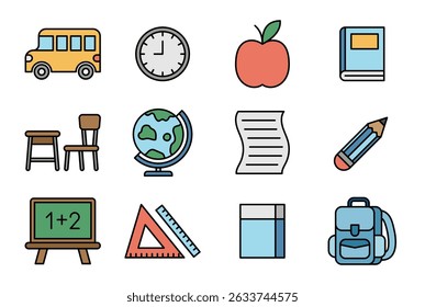 Vector illustration of a school icon pack on a white background in solid line style
