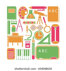 Vector illustration of school icons and elements in flat cartoon style.