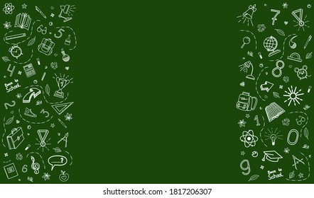 Ilustración vectorial con iconos escolares. Iconos escolares en un fondo verde de pizarra. Espacio vacío para la etiqueta.