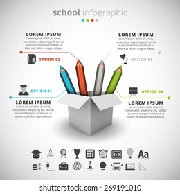 Vector illustration of school infographic made of colorful pencils and box.