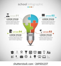 Vector illustration of school infographic made of bulb and pencil.