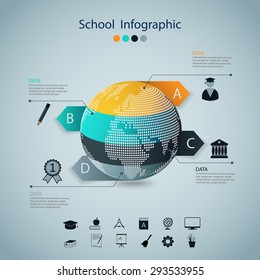 Vector illustration of school infographic made of globe. Vector. Can be used for web design and workflow layout 
