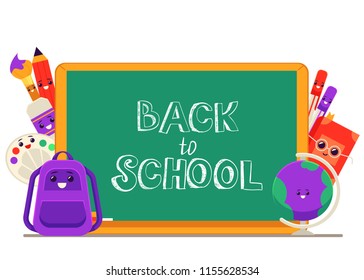 Vector illustration of school items cartoon characters with cute smiling faces around green blackboard with chalk welcome sign isolated on white background - back to school concept.