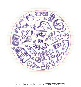 Vector illustration of school items and stationery. Hand drawn set of school supplies. Circle design. Sketch elements