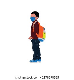 Vector illustration of school kid with bag and face mask on, 