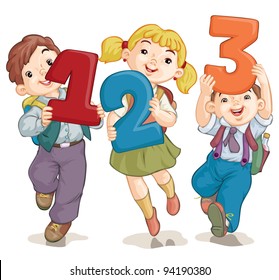 Vector illustration, school kids with figures, card concept, white background.