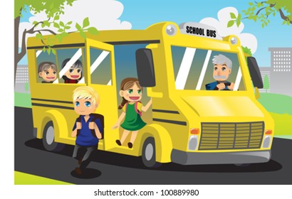 A vector illustration of school kids getting off from the school bus