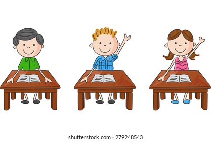 vector illustration of school kids sitting on table