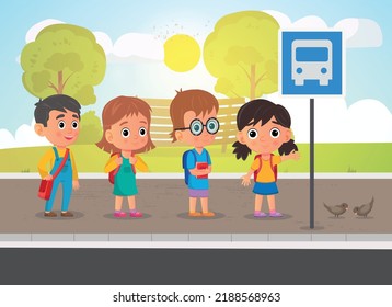 A vector illustration of school kids with school supplies waiting at a bus stop