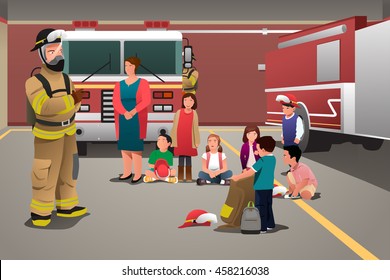 A Vector Illustration Of School Kids Visiting A Fire Station For Education Concept