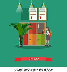 Vector illustration of school locker. Schoolgirl standing near the locker with opened door. School education concept design element in flat style.