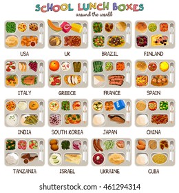 A vector illustration of school lunch boxes around the world