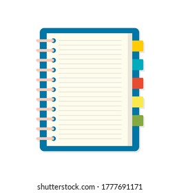 Vector illustration of a school notebook. Flat design notepad and paper sheets isolated on white background, where is the place for text. Open notebook with colored bookmarks.