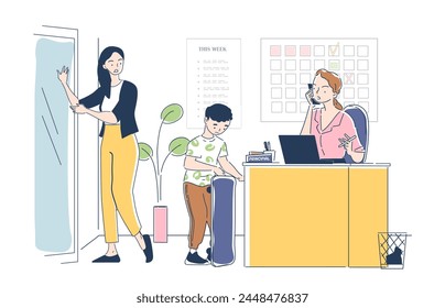 Vector illustration of a school office with a female principal on the phone and a boy with a backpack, light flat style, white background, concept of education. Flat vector illustration