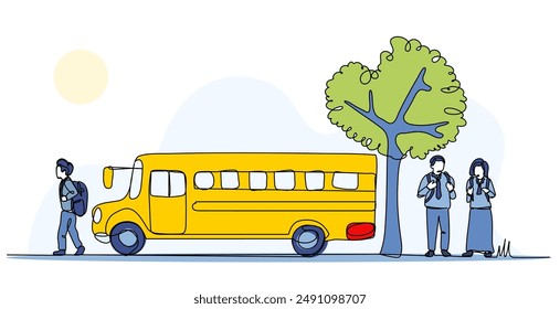 Vector illustration of school pick-up bus.Modern flat in continuous line style.