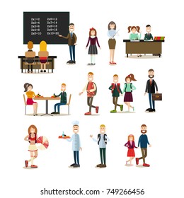 Vector Illustration Of School Principal, Teacher, Cook And Schoolchildren. School People Symbols, Icons Isolated On White Background. Flat Style Design.