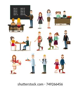 Vector illustration of school principal, teacher, cook and schoolchildren. School people symbols, icons isolated on white background. Flat style design.