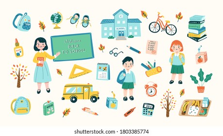 Vector illustration of school related objects in colorful cartoon style. Set includes hand drawn teacher, students, books, backpacks and school supplies. Elements are isolated.