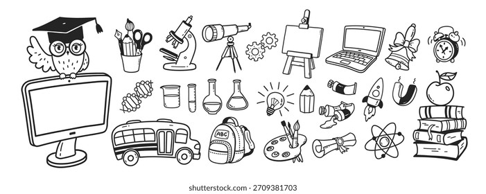 Ilustración vectorial de iconos de doodle de la escuela y la ciencia en blanco y negro. Colección de objetos de educación aislados de arte lineal.
