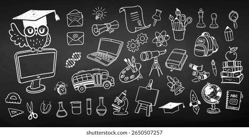 Vector illustration of school and science icons drawn in chalk on blackboard. Hand drawn grunge style collection.