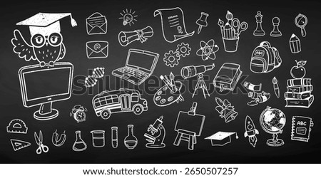 Vector illustration of school and science icons drawn in chalk on blackboard. Hand drawn grunge style collection.