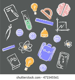 vector illustration with school and science items. drawn on chalkboard. back to school.