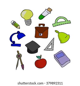 Vector illustration of school set. Hand-drown objects sketch. School collection.