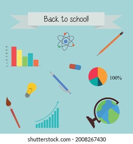 Ilustración vectorial. Horarios escolares, útiles escolares, encima del cartel "¡De vuelta a la escuela!" Se puede usar para sitios web escolares, anuncios publicitarios, volantes, etc.