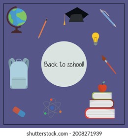 Ilustración vectorial. Set de material escolar, cartel "¡De vuelta a la escuela!" Se puede usar para sitios web escolares, anuncios publicitarios, volantes, etc.
