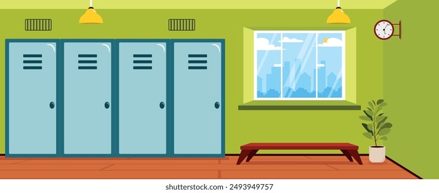 Vector illustration of a school sports locker room. Cartoon scene of a locker room with lockers for storing things, a bench, a flower pot, a clock, lamps, and a window with a beautiful view.