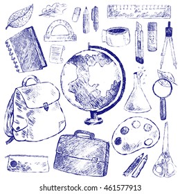 Vector illustration school stationery. Blue and white set. Globe, backpack, briefcase, pencil, pen, ruler, protractor, notebook, magnifying glass, flask, compass, scissors, eraser, box, cutter, glue.