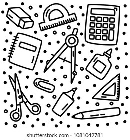 Vector illustration with school stationery. Notebook, ruler, calculator, marker, scissors, pencil, compass, eraser and other supplies.