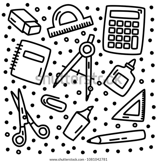 Vector illustration with school stationery.\
Notebook, ruler, calculator, marker, scissors, pencil, compass,\
eraser and other\
supplies.