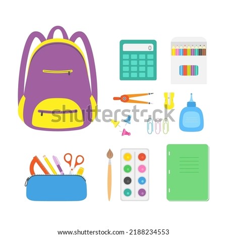vector illustration of school supplies, back to school background with stationery, set from pencil case, backpack and ather stationery for education