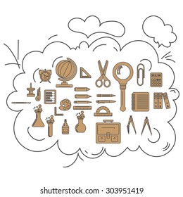 Vector illustration of school supplies in the cloud. It can be used as packaging design and decoration magazine articles.