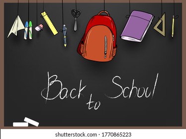 vector illustration of school supplies hanging in front of the chalk class board where's written back to school