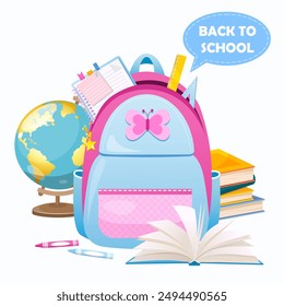 Vector illustration with school supplies includes backpack, books,globe,pencils,notebook and other elements.	