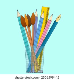 Vector illustration of school supplies, including pencils, brushes, and rulers in a mesh holder. Perfect for back-to-school designs.