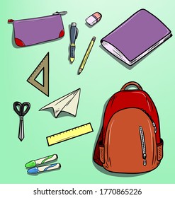 vector illustration of school supplies  isolated made in hand drawn cartoon style