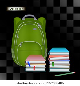 Vector illustration of school supplies, large green backpack, books, pencil isolated on transparent background