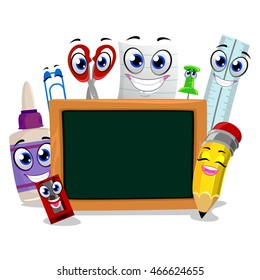 Vector Illustration of School Supplies Mascot Around  Blank Blackboard