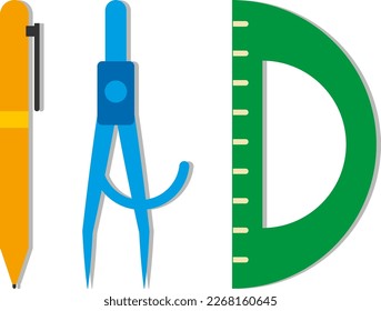 Vector illustration of school supplies for math and geometry classes. Compass, protractor and pen. Architecture classes and tools.
