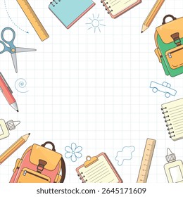 Vector illustration of school supplies on white background with empty space in the center for custom design – backpack, pencil, notebook, pen, scissors, glue – perfect for Knowledge Day and September 