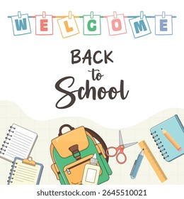 Vector illustration of school supplies on white background – backpack, pencil, notebook, pen, glue, scissors – perfect for Back to School, Knowledge Day, September 1, kids education and classroom them