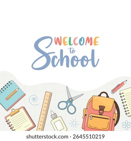Vector illustration of school supplies on white background – backpack, pencil, notebook, pen, glue, scissors – perfect for Back to School, Knowledge Day, September 1, kids education and classroom them