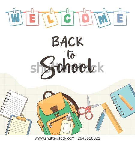 Vector illustration of school supplies on white background – backpack, pencil, notebook, pen, glue, scissors – perfect for Back to School, Knowledge Day, September 1, kids education and classroom them