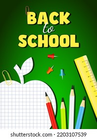 Vector illustration with school supplies. Poster Welcome to school. Green poster for school. Cover for notebook notebook.