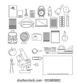 vector illustration of school supplies. Thin line version.