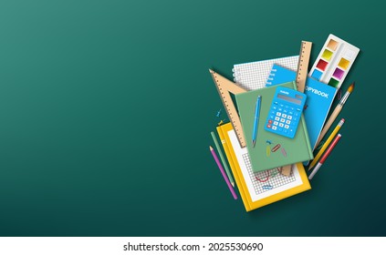 Vector illustration with school supplies.A school textbook, notebooks and other stationery on the background of a school green board.A template for congratulations on the beginning of the school year.