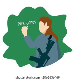 Vector illustration of a school teacher forced to wear assault rifle to protect children from shooter